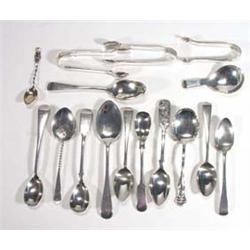 Selection of silver and silver plated spoons, caddy spoon and sugar tongs…