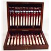 Image 1 : Brass inlaid mahogany cased set of mother of pearl handled and silver plated knives and forks…