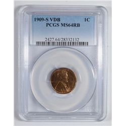 1909-S VDB LINCOLN CENT PCGS MS-64 RB LOTS OF RED, PQ COIN