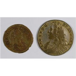 2 EARLY FRENCH JETONS 1700'S BOTH NICE GRADE SCARCE STRUCK IN BRASS