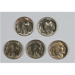 5 BUFFALO NICKELS CH/GEM BU 1934, 37-P,D,S,  38-D
