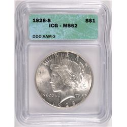 1928-S PEACE SILVER DOLLAR, ICG MS-62  RARE DOUBLE DIE OBVERSE, VAM-3!!
