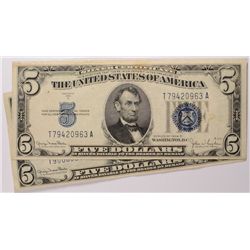 2-1934 $5 SILVER CERTIFICATES, NICE XF+