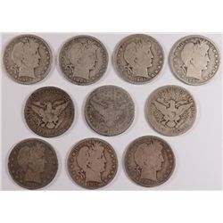 10- BARBER HALF DOLLARS, GOOD - VG