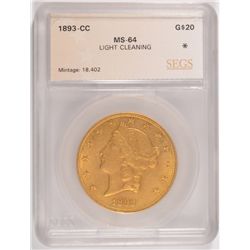 1993-CC $20.00 GOLD, SEGS MS-64, LIGHT CLEANING, REMEMBER SEGS GUARANTEES  GRADE