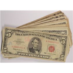 ( 30 ) U.S. $5.00 RED SEAL NOTES, 1963 AND OLDER  AVERAGE CIRCULATED