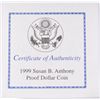 Image 5 : 1999 PROOF SUSAN B. ANTHONY DOLLAR IN ORIGINAL BOX WITH CERT.
