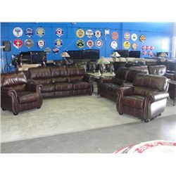 4PC BROWN LEATHER SOFA SET; SOFA, LOVESEAT AND 2 ARM CHAIRS WITH BRASS BUTTON FRONT ACCENTS