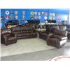 Image 1 : 4PC BROWN LEATHER SOFA SET; SOFA, LOVESEAT AND 2 ARM CHAIRS WITH BRASS BUTTON FRONT ACCENTS