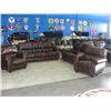 Image 1 : 4PC BROWN LEATHER SOFA SET; SOFA, LOVESEAT AND 2 ARM CHAIRS WITH BRASS BUTTON FRONT ACCENTS