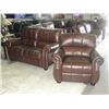 Image 2 : 4PC BROWN LEATHER SOFA SET; SOFA, LOVESEAT AND 2 ARM CHAIRS WITH BRASS BUTTON FRONT ACCENTS