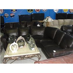 3PC CHOCOLATE BROWN LEATHER SECTIONAL SOFA WITH BRASS BUTTON FRONT ACCENTS