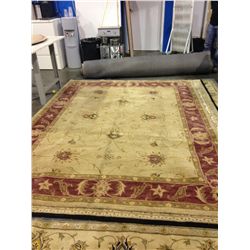 APPROX 9'X11' WOOL PILE AREA RUG - BEIGE WITH BLUE BORDER