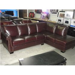 2PC MAROON LEATHER SECTIONAL SOFA WITH BRASS BUTTON FRONT ACCENTS