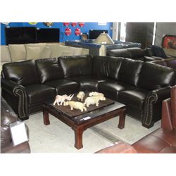 3PC CHOCOLATE BROWN LEATHER SECTIONAL SOFA WITH BRASS BUTTON FRONT ACCENTS