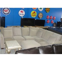 3PC OFF WHITE UPHOLSTERED SECTIONAL SOFA WITH BRASS BUTTON ACCENTS COMES COMPLETE WITH FOOTSTOOL