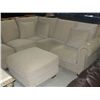 Image 2 : 3PC OFF WHITE UPHOLSTERED SECTIONAL SOFA WITH BRASS BUTTON ACCENTS COMES COMPLETE WITH FOOTSTOOL