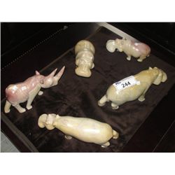 GROUP OF 5 HAND CRAFTED SHONA STONE CARVED HIPPOS AND RHINO FIGURINES