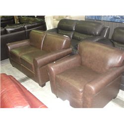 2PC BROWN LEATHER LOVESEAT AND CHAIR SET