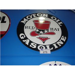 NOSTALGIC RED HAT MOTOR OIL GASOLINE TIN ADVERTISEMENT SIGN