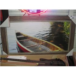 FRAMED PRINT ON BOARD  CANOE ON LAKE 