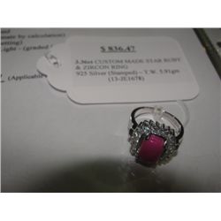 925 SILVER 3.36CARAT CUSTOM MADE STAR RUBY AND ZIRCON RING