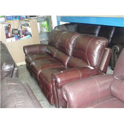 2PC MAROON LEATHER RECLINING SOFA SET; SOFA AND LOVESEAT