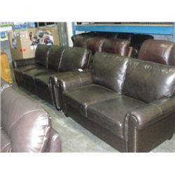 2PC BROWN LEATHER SOFA SET; SOFA AND LOVESEAT