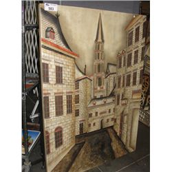 LARGE DECORATIVE PAINTED WALL PANEL - OLD TOWN WITH COBBLESTONE STREETS