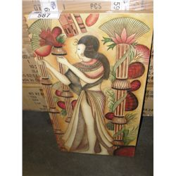 SMALL DECORATIVE PAINTED WALL PANEL - LADY WALKING THROUGH THE PLANT PILLARS