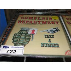 NOSTALGIC TIN ADVERTISEMENT SIGN - COMPLAINT DEPARTMENT