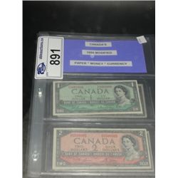 CANADAS 1954 MODIFIED PAPER MONEY CURRENCY COLLECTION - 5 BANK NOTES DENOMINATIONS $1, $2, $5, $10