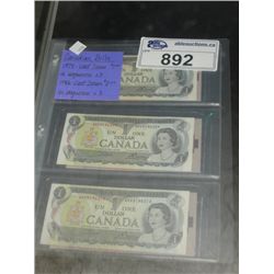 COLLECTION OF CANADIAN BANK NOTES; 3 1973 LAST ISSUE ONE DOLLAR IN SEQUENCE, AND 3 1986 LAST ISSUE