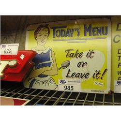 NOSTALGIC TIN ADVERTISEMENT SIGN - TODAYS MENU