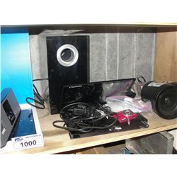 SHELF LOT OF ELECTRONICS; LAPTOP PARTS, SPEAKERS, TABLETS ETC