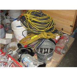 PALLET LOT OF ASSORTED BENCH GRINDERS, POWER CORDS, CONSTRUCTION HARDWARE, ETC