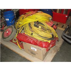 PALLET LOT OF ASSORTED  CONSTRUCTION SITE POWER CORDS, WELDING CURTAINS ETC