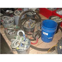PALLET LOT OF ASSORTED SHACKLES, HEAVY CABLE LINES, ETC