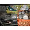 Image 1 : SHELF LOT OF ASSORTED TOOLS; PAINT SPRAY CANS, BLACK TOOLBOX AND CONTENTS, MIKITA CORDLESS DRILL