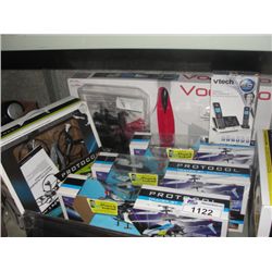 SHELF LOT OF 6 ASSORTED RADIO CONTROL HELICOPTERS, ONE CORDLESS PHONE AND ONE SPEAKER MOUNTING SET