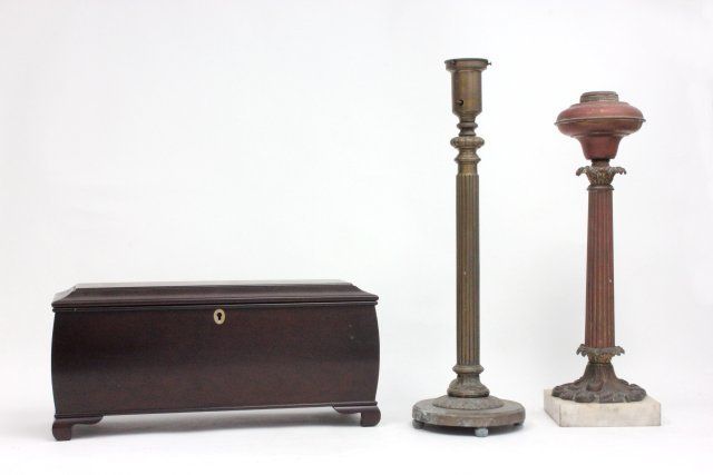 2 brass column lamps and mahogany box