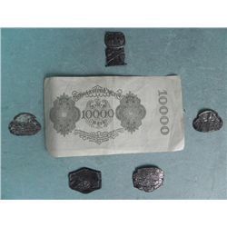 5 WWII GERMAN METAL INSIGNIA AND 1000MARK NOTE