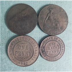 2 Australia and 2 Great Britain One Penny Coins