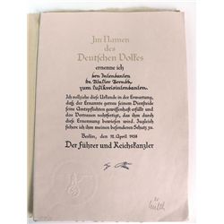 WWII Rare Recognition Document Signed by Hitler + Milch