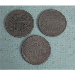 3 Diff Date Civil War 2 Cent Pc Coins 1864, 65, 68