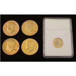 5 Novelty Golden Coins 4 Kennedy Halves 1 Lincoln Cent