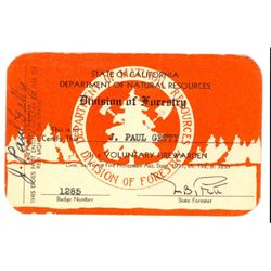 J. Paul Getty signed Volunteer Fire Warden Membership Card