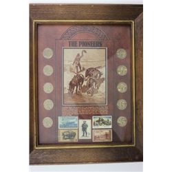 Framed The Pioneers Buffalo Nickel and Stamp Set