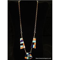 Larry Moses Yazzie Sterling Silver Three Section Inlay Necklace