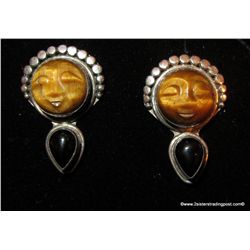 Sajen Sterling, Tiger Eye Goddess Face & Jet and/or Onyx Earrings